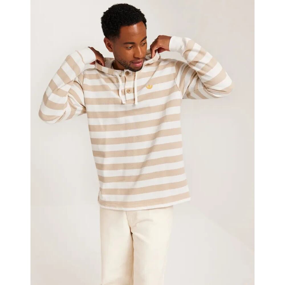ADIDAS Henley Wide Stripe Hoodie Mens Large 100% Cotton Neutral Texture Preppy